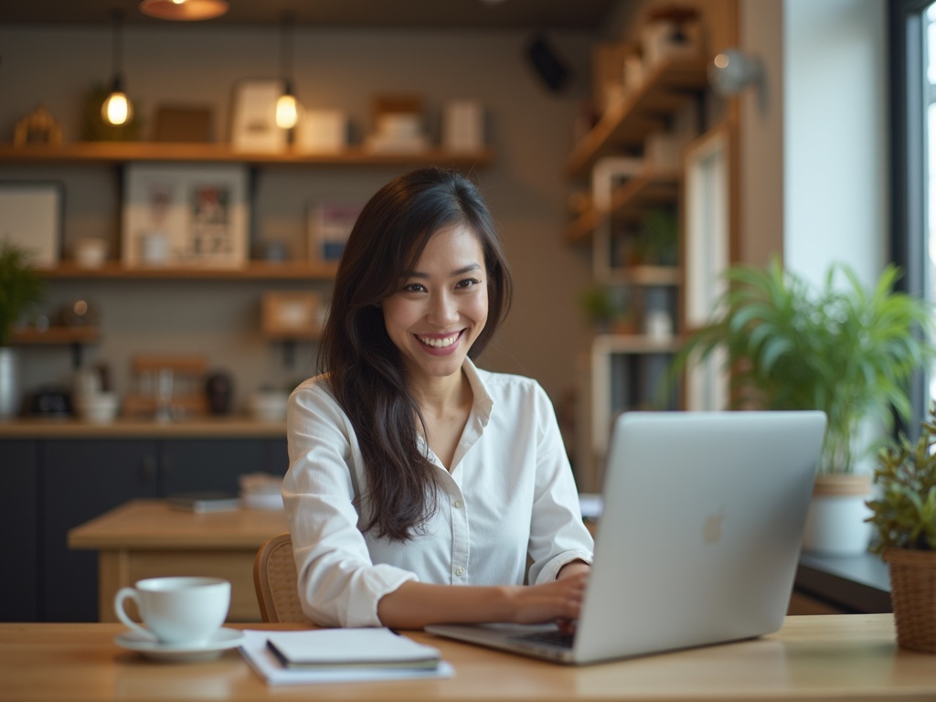Seorang pemilik usaha tersenyum sambil membuka laptopnya, membaca pesan-pesan yang masuk lewat website miliknya
